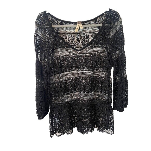 We the Free Black Lace Top Long Sleeve V Neck Goth Romantic Sheer Size M - Picture 3 of 4